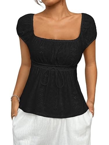 SHENHE Women's Babydoll Top Square Neck Cap Sleeve Empire Waist Cute Lace Eyelet Baby Doll Peplum Top Tshirt - Image 1
