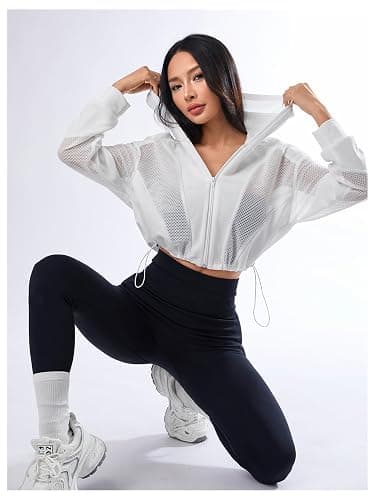 SweatyRocks Women's Zip Up Drawstring Hem Cropped Hoodie Mesh Workout Sports Track Lightweight Jacket thumbnail 4
