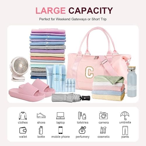 Birthday Gifts for Daughter,Initial Travel Duffel Bag for Teen Girls,Personalized Weekender Bag Cute Overnight Carry on Duffle Bags for Girl Women Gifts with Adjustable Strap(pink-C) - pink-chenille - letter-C thumbnail 7