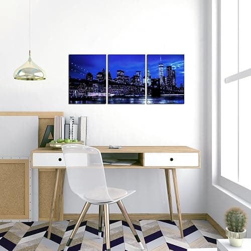 sechars New York City Wall Art Canvas Black and White Blue Brooklyn Bridge Night Skyline Picture Print Modern Cityscape Painting for Home Office Decor (Small) (Blue) thumbnail 2