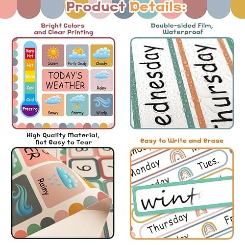 132 Pieces Boho Rainbow Calendar Bulletin Board Set with Days of The Week, Days in School, Seasons, Festival, Weather Cards for Classroom Home Decoration Supplies thumbnail 5