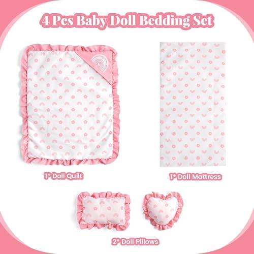BABESIDE 4 Pcs Baby Doll Blankets Set for 17-22 Inch Baby Dolls | Pink Flower & Rainbow Patterns Reborn Baby Doll Accessories Dolls Blankets with Pillows fits Baby Doll Bed Accessories thumbnail 5