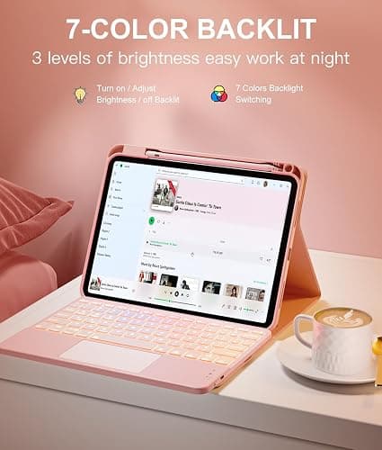 Harvopu Compatible for iPad 11th 10th Generation Case with Keyboard, Folio Cover with Pencil Holder, Multi-Touch Trackpad, 7 Color Backlit, Detachable Keyboard for iPad (A16) 11th/10th Gen (Light Pink thumbnail 6