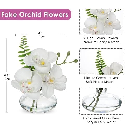 White Orchids Artificial Flowers Faux Orchids Arrangement in Clear Glass Vases Set of 3 Real Touch Phalaenopsis Orchid Flowers Small Fake Orchid Centerpiece for Dining Room Table thumbnail 3