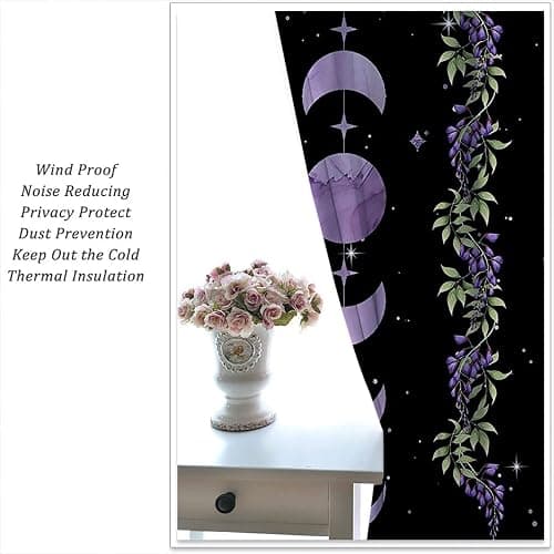 Purple Boho Floral Flower Rod Pocket Blackout Curtains for Boy Girl Bedroom,Moon Phase Moonlit Garden Witchy Gothic Aesthetic Light Filtering Window Drapes for Living Room Home Decor Privacy,42x63in thumbnail 6