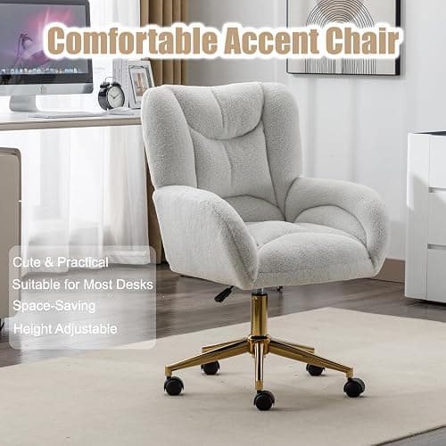 Anewome Swivel Office Desk Chair with Wheels Upholstered Sherpa Desk Modern Armchair Height Adjustable Computer Task Chair Boucle Makeup Vanity Desk with Gold Metal Frame, 38.2" H White thumbnail 7