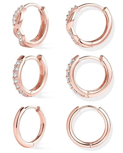Inerney Gold Huggie Hoop Earrings Set for Women, Dainty Small Sterling Silver Earring for Multiple Piercing Hypoallergenic Jewelry, Trendy Twisted CZ Cartilage Earings for Women's Mother Gifts 3Pairs - Image 1