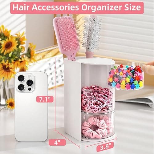 neotidy Hair Accessories Organizer with Hair Brush Holder, Rotating Hair Tie Product Organizer for Girls, 3-Tier Makeup Brush Holder for Clips, Bows & Brushes (White, 3-Tier) thumbnail 2