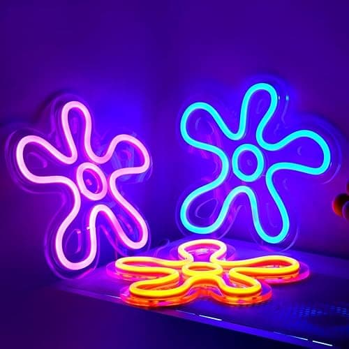 3 Pcs Flower Neon Sign LED Light Signs Retro LED Signs Flower Shaped Sign Purple Blue and Yellow Neon Sign for Bedroom Home Wall Decor Birthday Wedding Party Decorations Kid's Gifts - Image 1