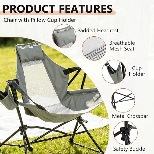 Hammock Camping Chair 2Pcs, Folding Portable Rocking Chair(2, Gray) | Adjustable Back Swinging Chair with Pillow Cup Holder, Recliner with Carry Bag for Outdoor Travel Lawn Backyard thumbnail 4