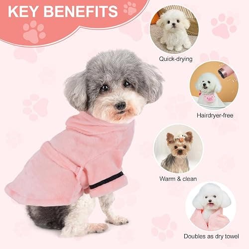 Bathrobe for Teacup Dogs, Dog Bath Robe, Dog Towel Robe, Hooded Dogs Bathrobe Towel Quick Drying and Super Absorbent Bath Towel with Belt(Pink) thumbnail 6