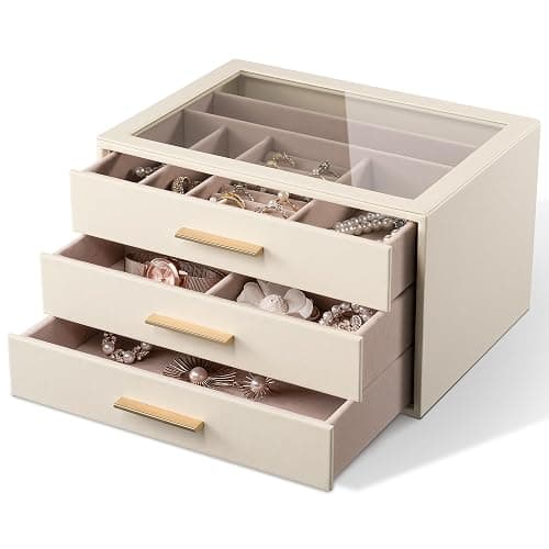 pickpiff Jewelry Box Organizer Case for Women: 3-Layer Jewelry Storage Case with Glass Window, Ivory Leather with Pink Velvet, Holder for Ring Necklace Bracelet Brooch Watch, Great Gift for Her thumbnail 9