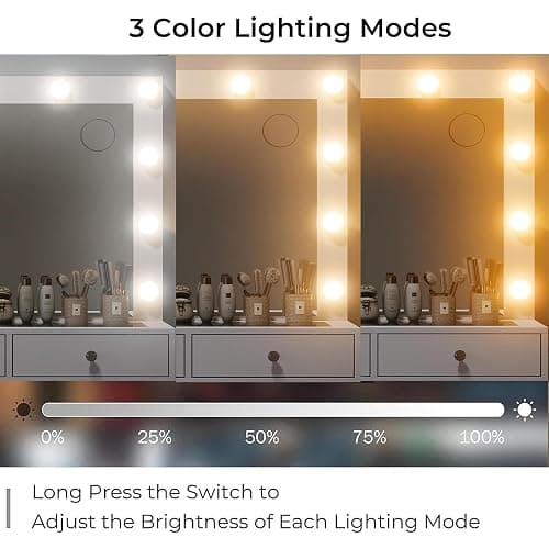 Vanity Desk with Mirror, Makeup Table with Power Outlet and 11 Lights, Set 3 Lighting Modes Brightness Adjustable, Vanity Table with 11 Drawers and Cushioned Stool for Bedroom, Dressing Room (White) thumbnail 4