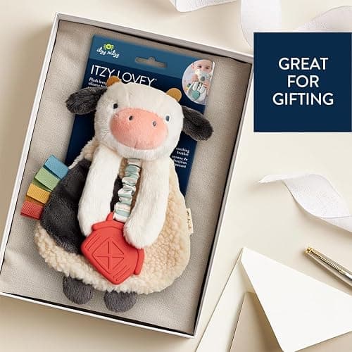 Itzy Ritzy - Itzy Lovey Including Teether - Baby Lovey with Teether, Textured Ribbons & Dangle Arms - Features Crinkle Sound, Sherpa Fabric and Minky Plush (Cow) thumbnail 6