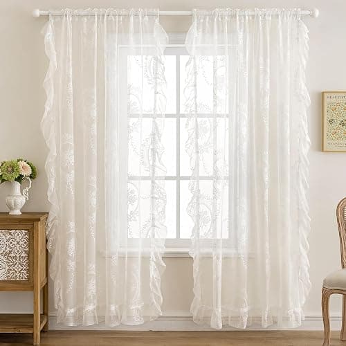 UNISTAR Lace Sheer Door Curtains with Rod Doorway Curtain for Closet Ratio | Lace Sheer Door Curtains with Rod, Luxury Doorway Curtain Living Room Divider for Closet Ratio Rod Pocket 55W x 80L in,White thumbnail 3