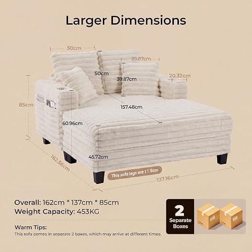 163cm Chaiselongue Sofa mit Massivholzrahmen, Big Loungesofa mit Liegefunktion für Wohnzimmer & Lese-Ecke, Einzelsessel aus Plüsch-Cord mit 2 Getränkehaltern & 4 Seitentaschen, 2 Sets Sofa-Füße, Beige thumbnail 2