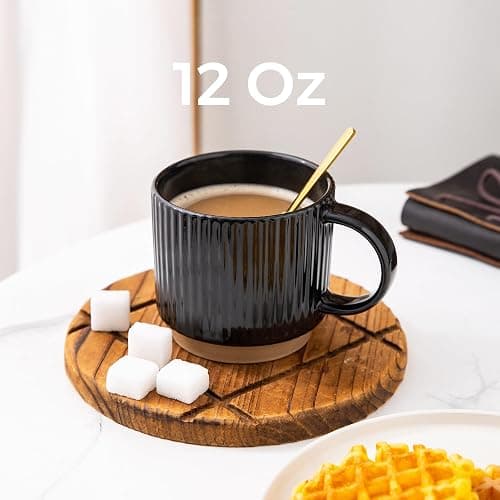GBHOME 12OZ Stackable Coffee Mugs, Ceramic Coffee Mugs with Texture Patterns for Man,Woman,Dad,Mom, Modern Coffee Mugs Set of 4 for Latte/Cappuccino/Cocoa. Dishwasher&Microwave Safe, Black thumbnail 2