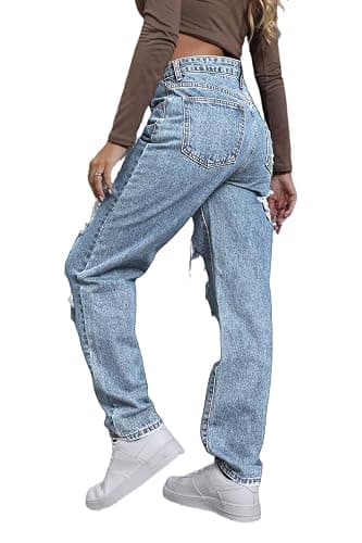 Giallino Women's Pink Ripped High Waisted Jeans - Distressed Straight Leg Y2K Pants - Size M (Long Inseam) thumbnail 5