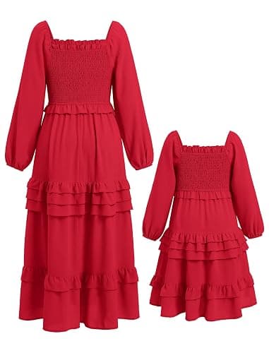 AWIBMK Mother Daughter Matching Boho Dress Long Sleeve Tiered Smocked Dress Holiday Wedding Mom and Me Fall Dress thumbnail 4