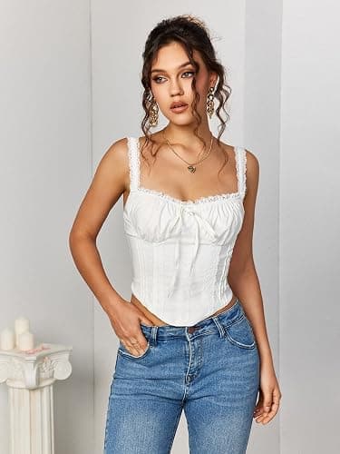 KUTUMAI Lace Corset Top Y2K Cute Square Neck Bustier Going Out Tank Crop Tops for Women Trendy Summer - Medium - White thumbnail 2