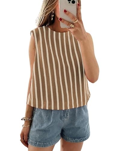 Xiaoxuemeng Womens Striped Top Sleeveless Cotton Tank Top Crewneck Casual Summer Vests - Image 1