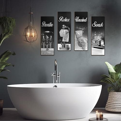 Honoson 4 Pcs Silver and Black Bathroom Decor Bathroom Picture Wall Art | Wooden, 11.8 x 3.9 Inch, Farmhouse Hanging Sign with Soak Unwind Relax Breathe, Wall Decor for Spa Laundry Home thumbnail 3