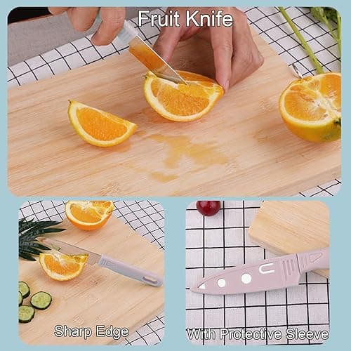 Magicorange Travel Cutting Board Set, 4 Pcs Portable Mini Camping Plastic Cutting Board Set & Stainless Steel Knife with Sheath, Fruits & Vegetable Peeler Scissors (Pink) - Pink thumbnail 6
