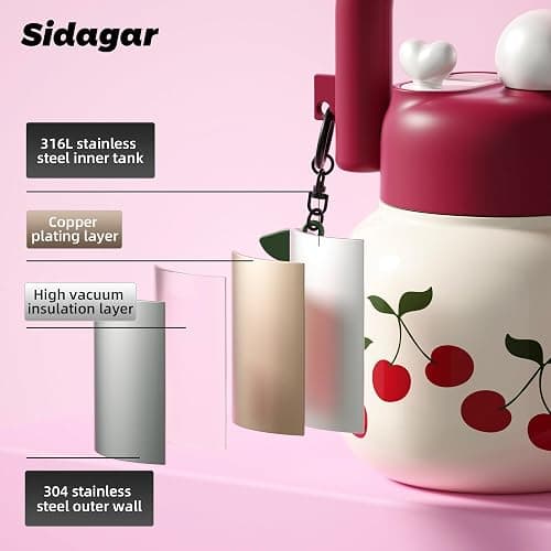 Sidagar 22 oz Tote Water Bottle with Straw and Carry Handle, Wide Mouth Vacuum Insulated Stainless Steel Tumbler, Travel Coffee Cup for Women Easy Carry, Cherry thumbnail 7