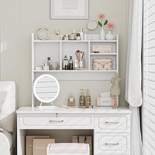 SUPER DEAL Desktop Bookshelf, Countertop Storage Hutch with 4 Shelves for Computer Desk, 2-Tier Display Rack, Multipurpose Wood Desk Hutch Storage Organizer for Home Office Dorm, White thumbnail 2