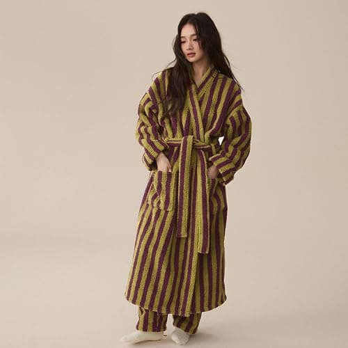 Homgro Women's Fuzzy Fleece Long Robe Striped Plush Kimono Warm Thick Fluffy Oversized V Neck Loungewear Maxi Bathrobe thumbnail 3
