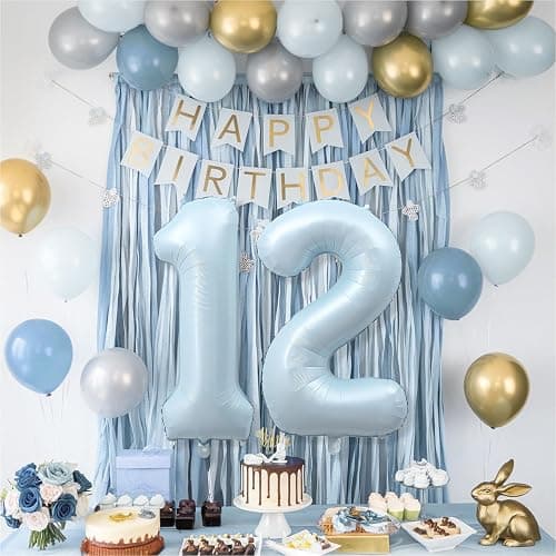 Foil 12 Balloon, Light Matte Sky Blue Big Number 12 Balloons for Boys Birthday Party Decor, 40 Inch Mylar Helium Number 12 Pastel Baby Blue Balloon for 12th Birthday Party Anniversary Decorations thumbnail 6