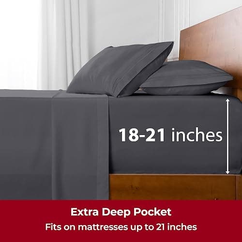 Mellanni Extra Deep Queen Sheets - 4 PC Iconic Collection Bedding - Hotel Luxury, Ultra Soft, Cooling Bed Sheets - Wrinkle, Fade, Stain Resistant (Queen, Gray) thumbnail 6