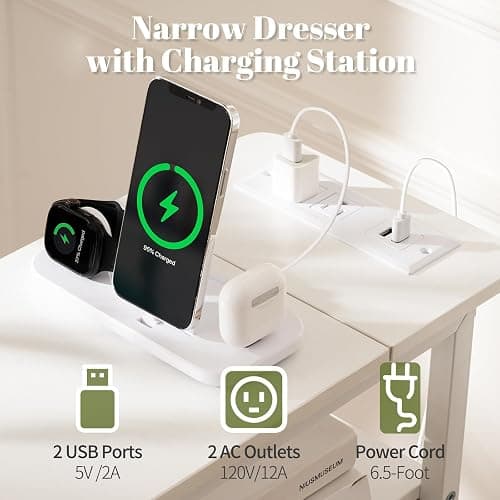 Yoobure LED Narrow Nightstand with Charging Station - Slim Dresser for Bedroom Narrow Side Table Storage Cabinet, Small Dressers Chest of Drawers, Tall Night Stand End Table for Small Spaces, White thumbnail 4