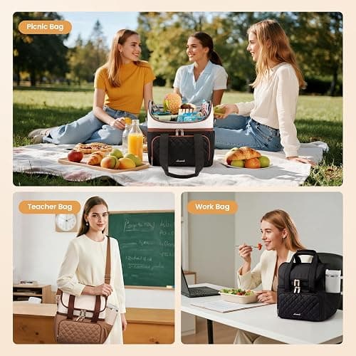 LOVEVOOK Insulated Lunch Bag For Women,Large Double Deck Adult Lunch Box,Teacher Lunch Tote Bag With Cup Holder,Leakproof Cooler Bag With Adjustable Shoulder Strap For Work Picnic Beach thumbnail 7