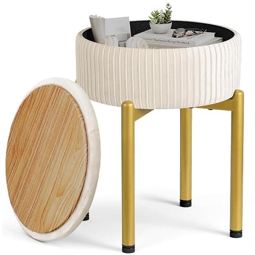 Memobarco 18-Inch Velvet Vanity Stool Chair with Storage, Vanity Bench with 4 Golden Metal Legs & Anti-Slip Adjustable Feet,Round Storage Ottoman Stool with Removable Soft Padded Seat, Beige - Image 1
