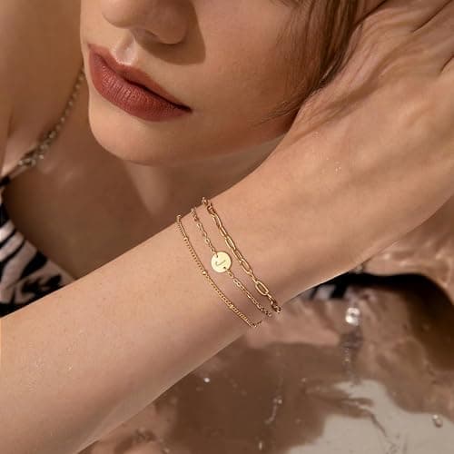 LDOWWGL Valentines Day Gifts - Gold Initial Bracelets for Women - 18K Gold Plated over Stainless Steel Letter Charm Bracelet with Layered A to Z Design - Birthday Christmas Jewelry Gifts thumbnail 3