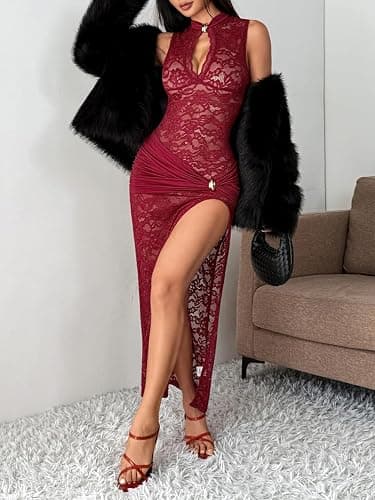 Sukiglam Robe Femme Sexy sans Manches Maxi Robes Col Montant Transparente Dentelle Moulante Robe Longue avec Fente Profonde Ete Chic et Elégant Ajouré Robes de Soiree Cocktail Mariage Gala Cérémonie thumbnail 2