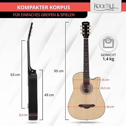 Rocktile WSD-5C-NT Slim Line Westerngitarren Set - Dreadnought Akustik Gitarre - Westerngitarre mit Korpus aus Linde - Hals: Catalpa - Set inkl. Tasche, Ersatzsaiten, Gurt und Plektren - Natural thumbnail 3