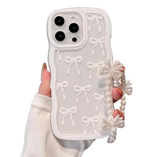 rozouai Compatible for iPhone 15 Plus Case for Women Girls,Cute Bowknot Pattern Curly Wave Wavy Frame Shape Shockproof Soft with Bowknot Bracelet Chain - Image 1