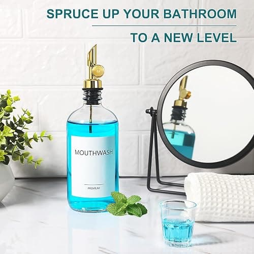 TOLDATLI Mouthwash Dispenser for Bathroom, 1 Pack Glass Mouth Wash Container with Cup, 17 Fl Oz Mouthwash Decanter Bottle Set, Refillable Mouthwash Pump Dispenser thumbnail 8