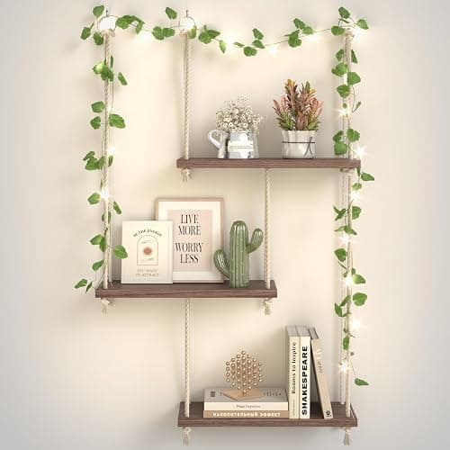 REFGY Hanging Shelves for Wall with Vine Lights, 3 Tier Rope Wall Hanging Plant Shelf, Boho Wall Decor Aesthetic for Succulents, Bedroom, Living Room, Bathroom (Rustic Brown) - Image 1
