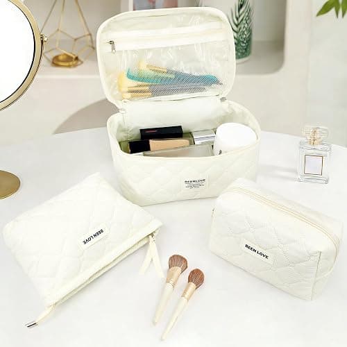 beifon 3er Set Kosmetiktasche Kulturtasche Damen mit Blumenmuster, Kulturbeutel Make Up Tasche, Tragbare Schminktasche Makeup Bag Waschtasche Groß Frauen Mädchen (Beige B) thumbnail 7