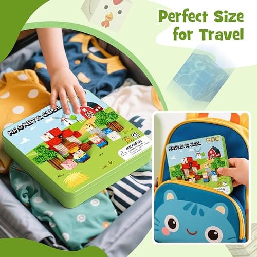 49 Pcs Farm Animals Magnetic Building Blocks Set for Toddlers 3-5, Travel Toys with Iron Storage Box, Magnetic Tiles & Cubes for Kids Ages 4-8, STEM Learning, Portable Play Base for Car Plane Trips thumbnail 4