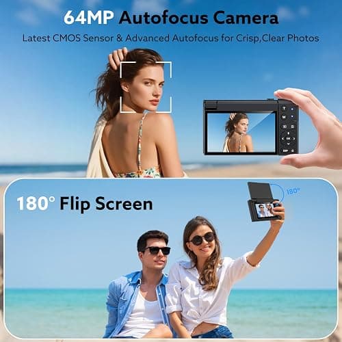 4K Digital Camera for Photography, 64MP Vlogging Video Camera for YouTube with 3'' 180°Flip Screen, 64GB Micro SD Card, 16x Digital Zoom,Point Shoot Compact Travel Vintage Cameras thumbnail 4