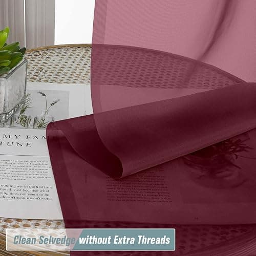 Ebesto Burgundy Window Sheer Curtains 45 Inches Length, Voile Short Curtains for Living Room Bedroom, Modern Soft Window Drapes 2 Panels Set, Top Dual Rod Pocket Design, 2x42Wx45L Inches thumbnail 2