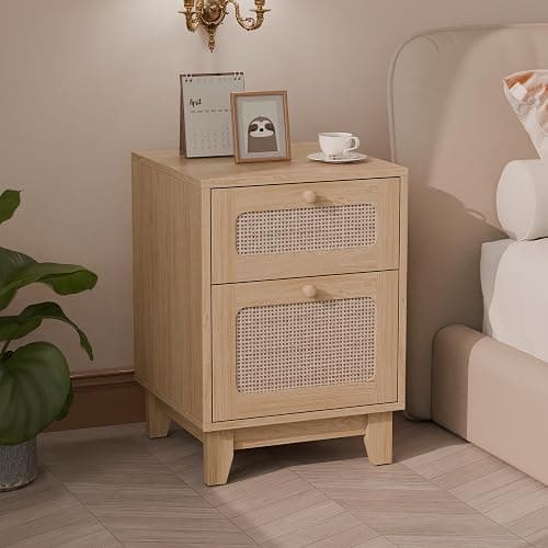 Modern Wicker Rattan Nightstand Set of 2, Rattan Stand with Drawer and Storage Space, Wooden Side End Table for Small Spaces, Natural Wood BedsideTable for Bedroom thumbnail 3