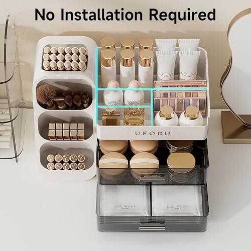 UFORU Makeup Organizer for Vanity with Brush Holder, Countertop Skincare Organizer with 2 Drawers, Spacious Cosmetic Display Case for Perfumes, Eyeshadow Palettes, Nail Polishes thumbnail 4