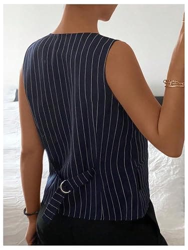 MakeMeChic Women's Striped Bow Tie Front Blouse Crew Neck Sleeveless Vest Top thumbnail 3