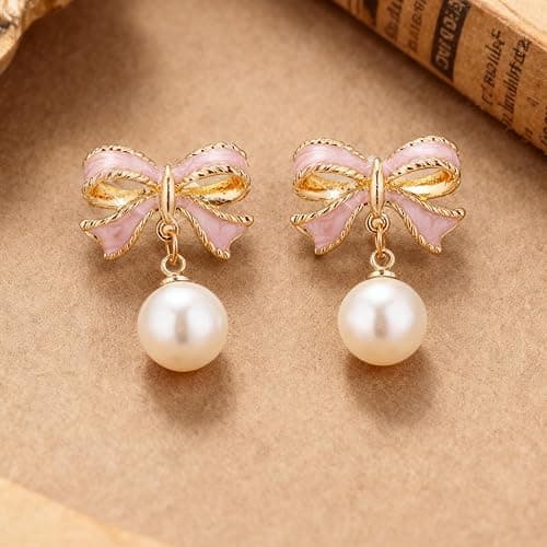 Bow Earrings for Women Trendy Stuff Cute Bow Pearl Drop Dangle Earrings Bowknot Stud Prom Wedding Party Daily Jewelry Accessory Gifts Pink Dress for Women thumbnail 7