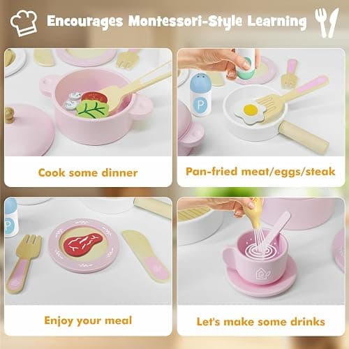 SimpliPlay Wooden Toy Plates and Dishes for Kitchen Set, 30PCS Montessori Play Kitchen Accessories for Toddlers with Toy Pots and Pans, Wooden Play Cooking Set for 3-8 Years Girls & Boys thumbnail 3